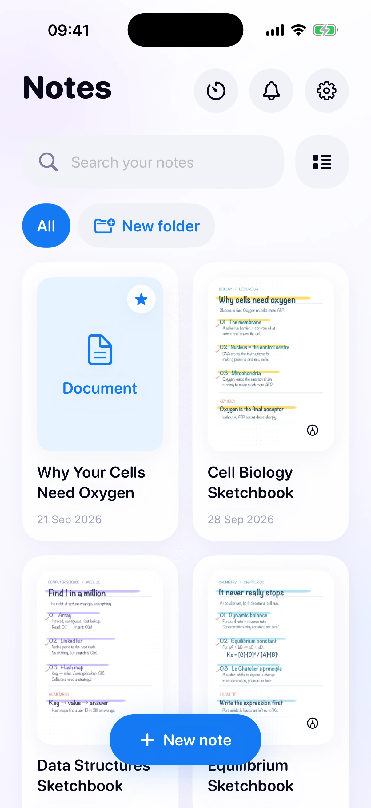Noteo library with study notes and handwritten biology, coding, and chemistry notebooks