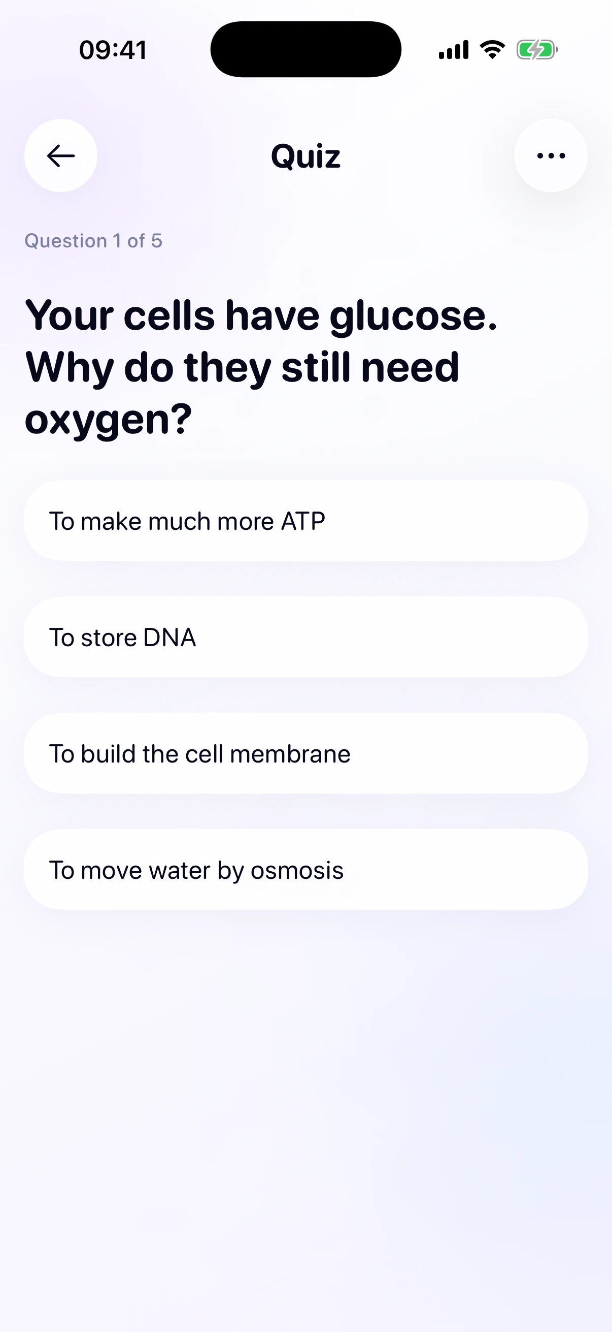 A multiple-choice biology quiz in Noteo