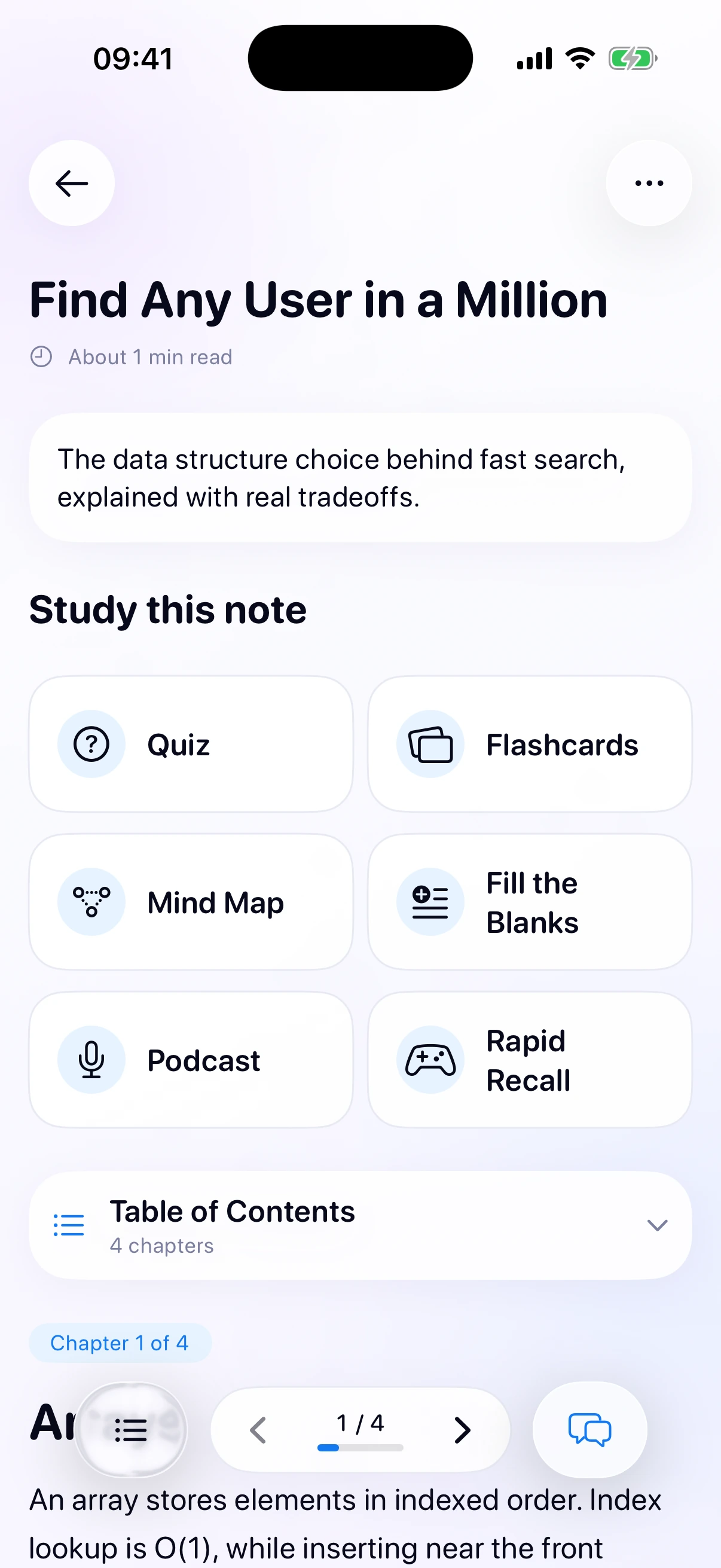 A Noteo data structures note with an overview and chapter navigation
