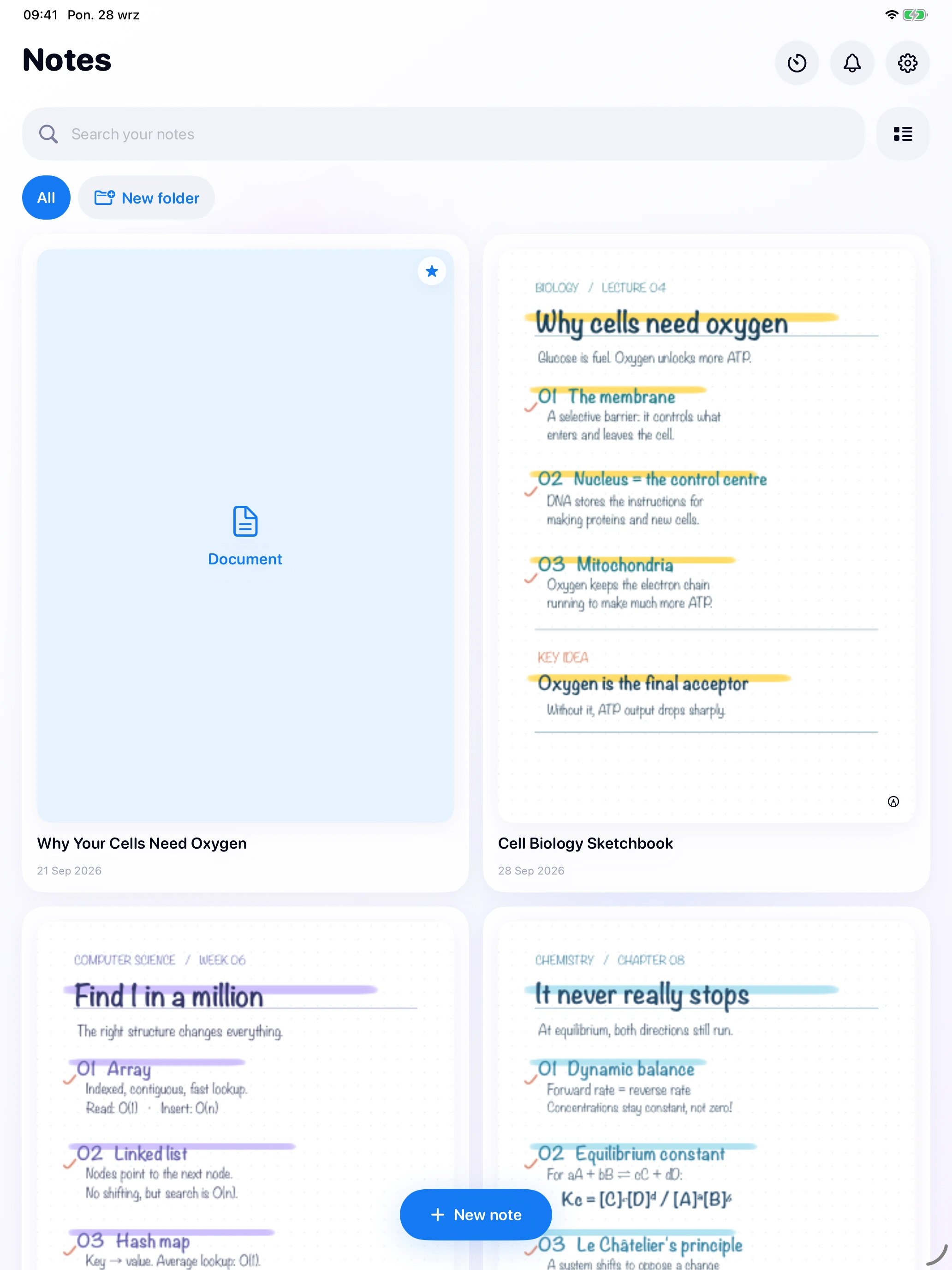 Noteo's iPad library showing AI notes and handwritten notebooks together, with folders and search